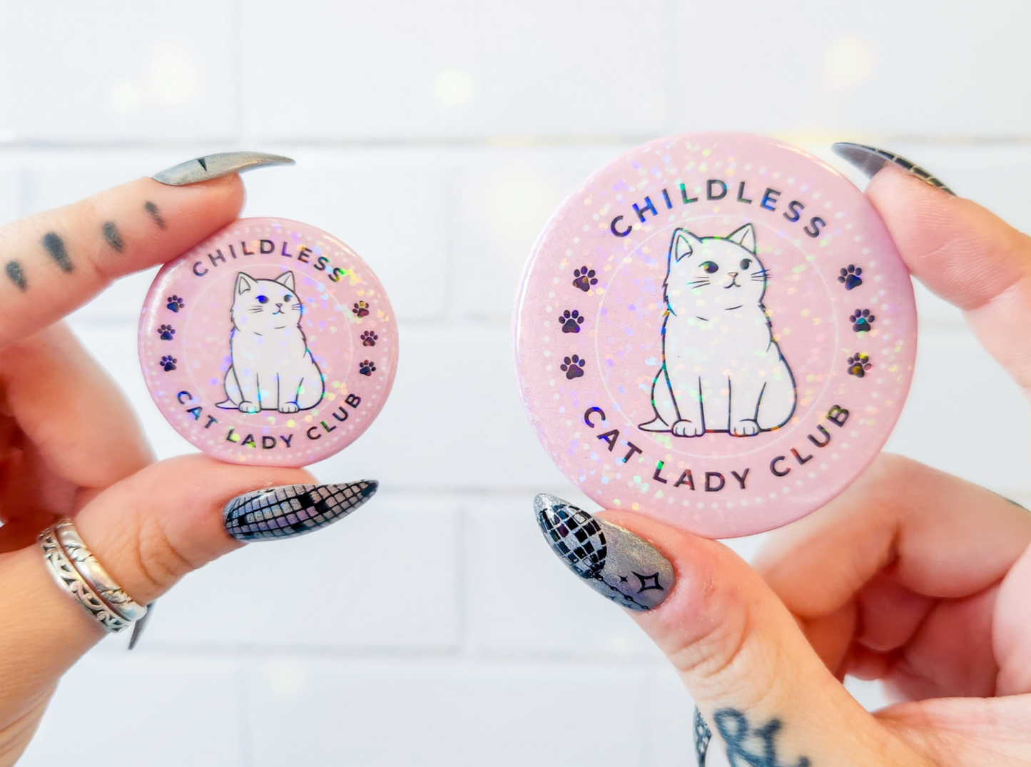🐱Funny "Childless Cat Lady Club" Holographic Button – Purrfect for Cat Lovers! 🐱