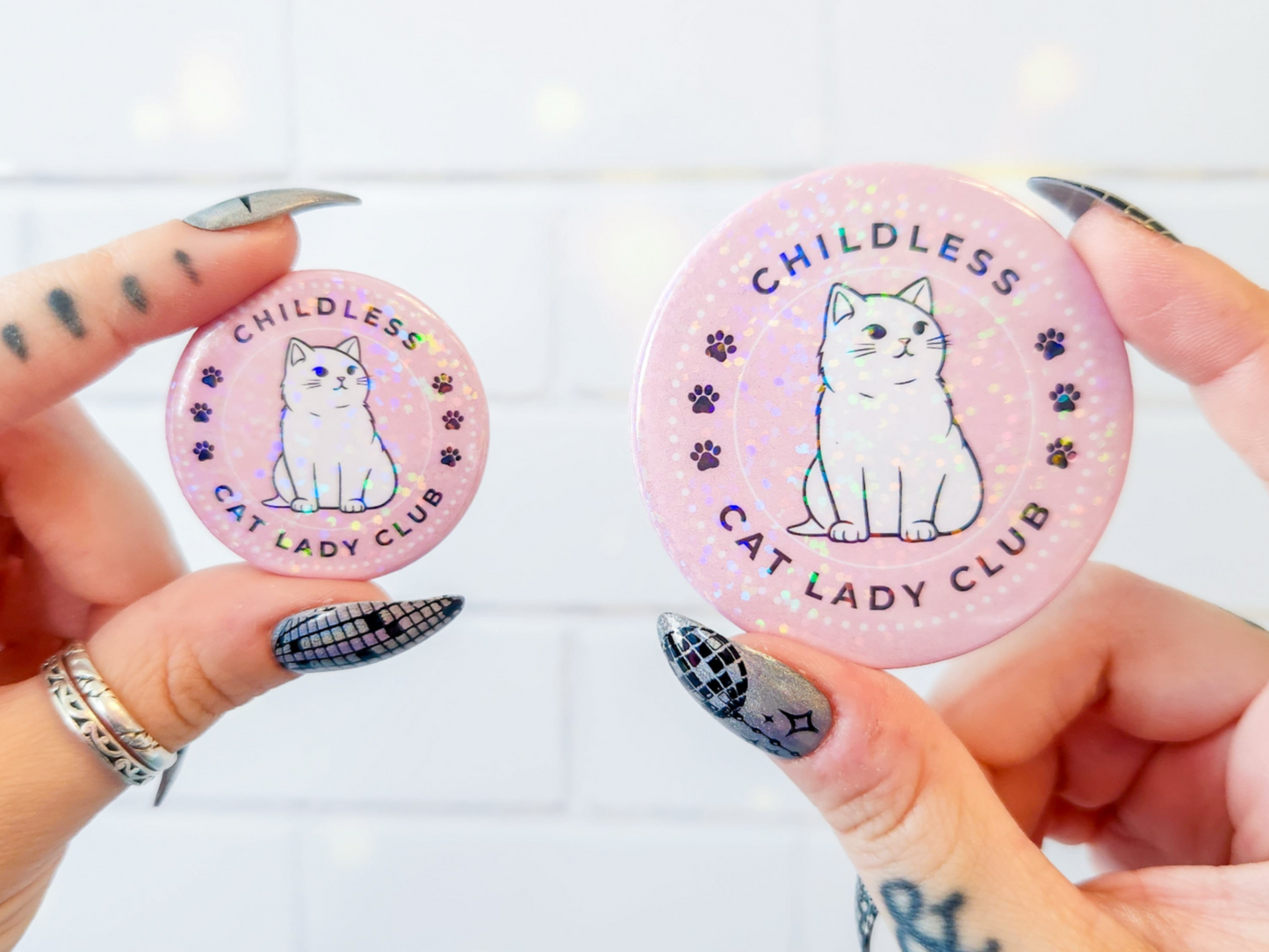 🐱Funny "Childless Cat Lady Club" Holographic Button – Purrfect for Cat Lovers! 🐱
