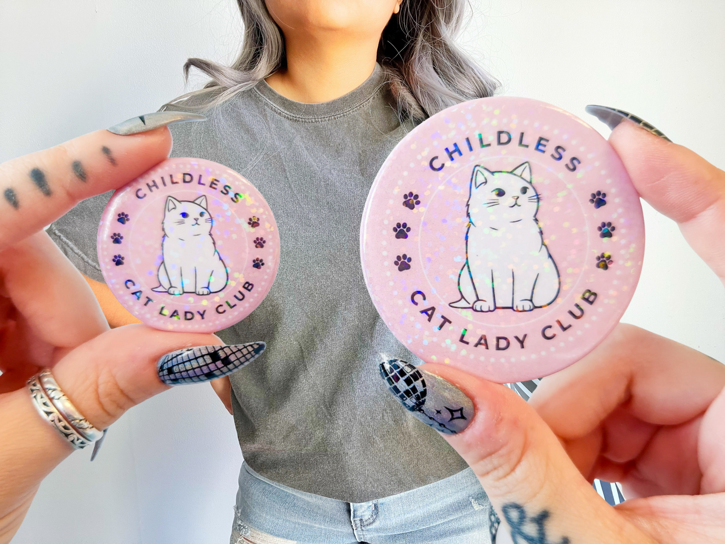 🐱Funny "Childless Cat Lady Club" Holographic Button – Purrfect for Cat Lovers! 🐱