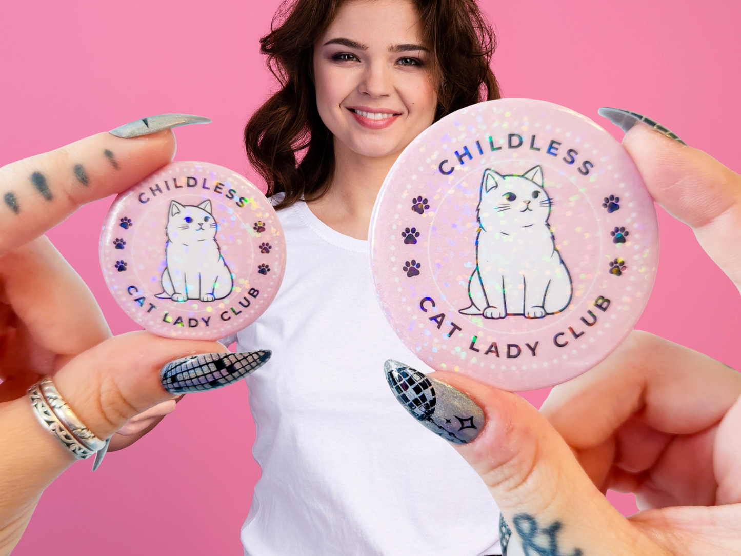 🐱Funny "Childless Cat Lady Club" Holographic Button – Purrfect for Cat Lovers! 🐱