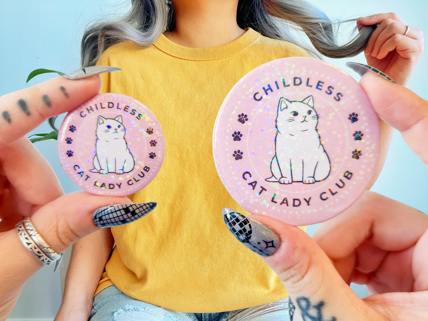 🐱Funny "Childless Cat Lady Club" Holographic Button – Purrfect for Cat Lovers! 🐱