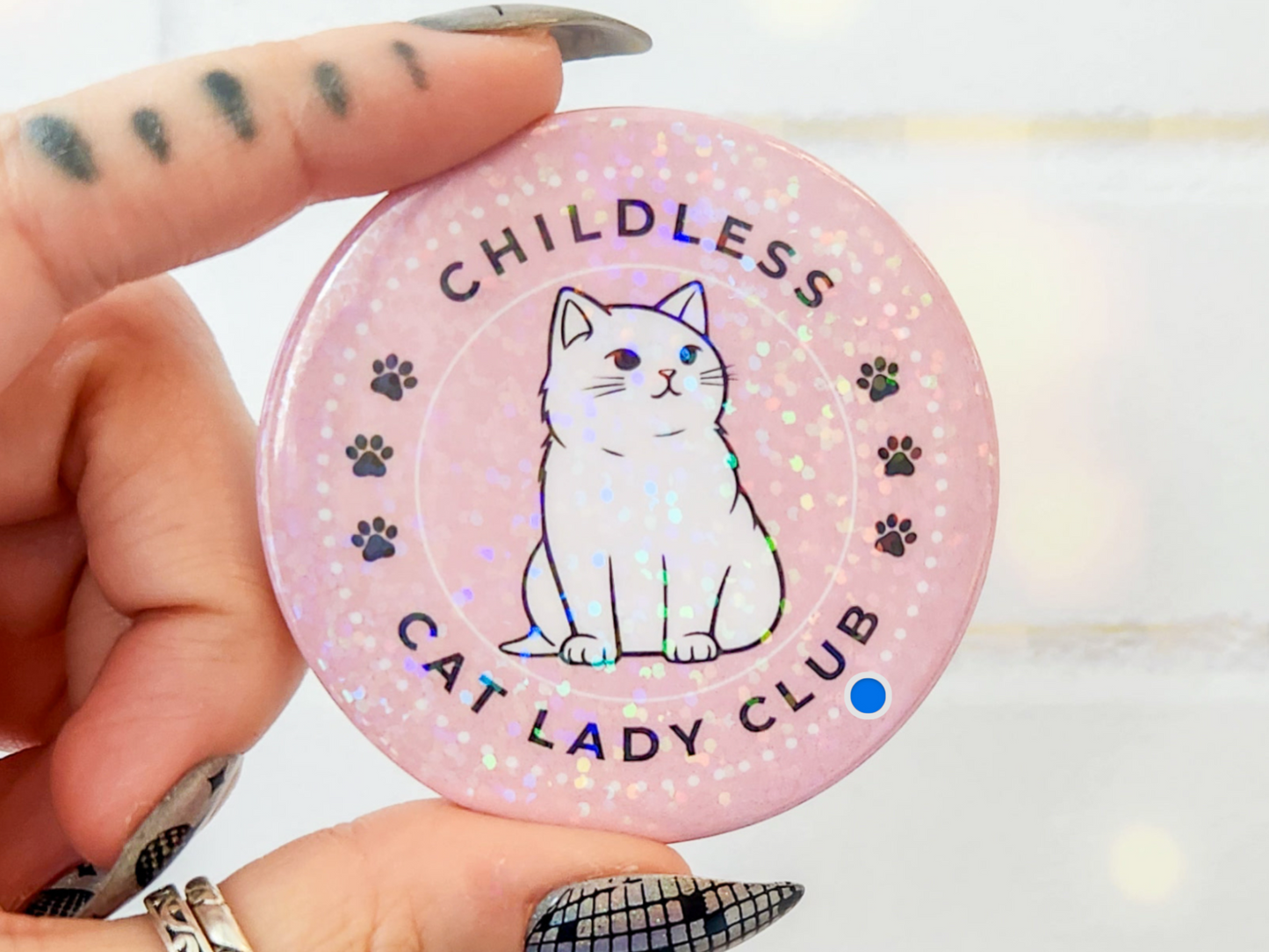 🐱Funny "Childless Cat Lady Club" Holographic Button – Purrfect for Cat Lovers! 🐱