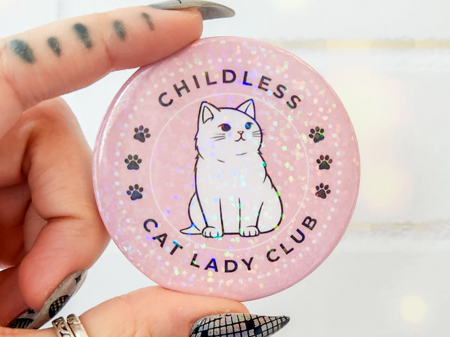 🐱Funny "Childless Cat Lady Club" Holographic Button – Purrfect for Cat Lovers! 🐱